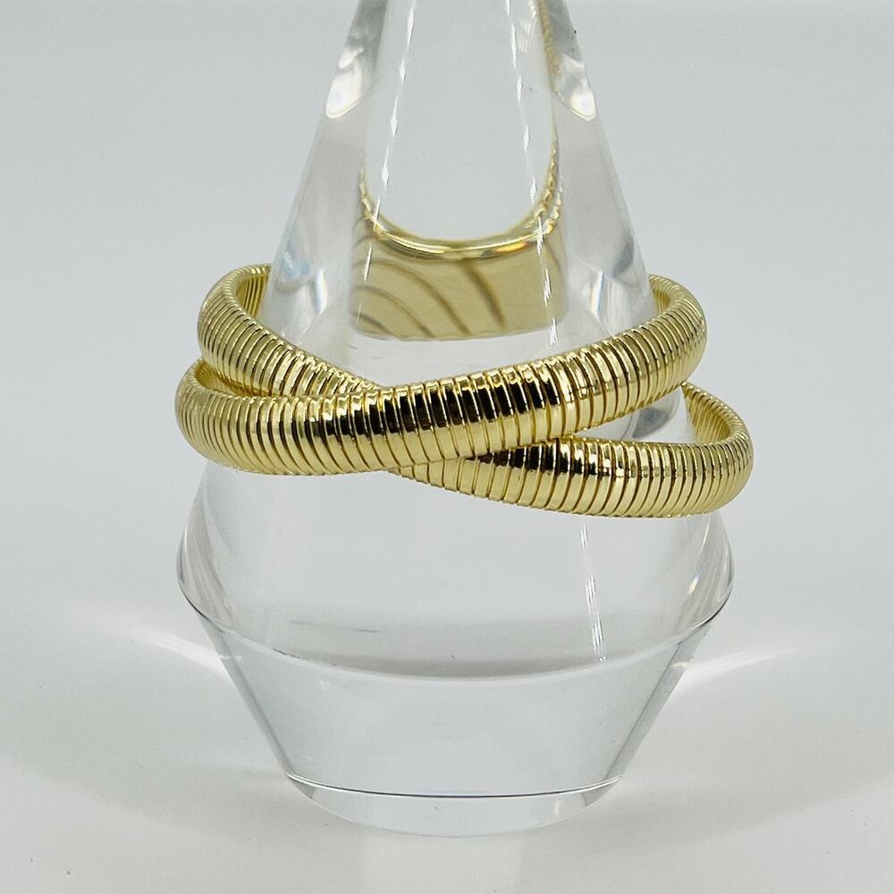 Vintage Gold Tone Interlocking Bangle Bracelets Ribbed Flexible Double Coil
